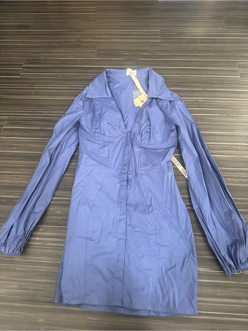 Oh Polly Long-Sleeve Blue Shirt Dress with Sculpted Bust